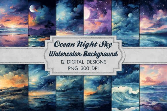 Download Watercolor Ocean Night Sky Digital Paper - Digital paper Collection
